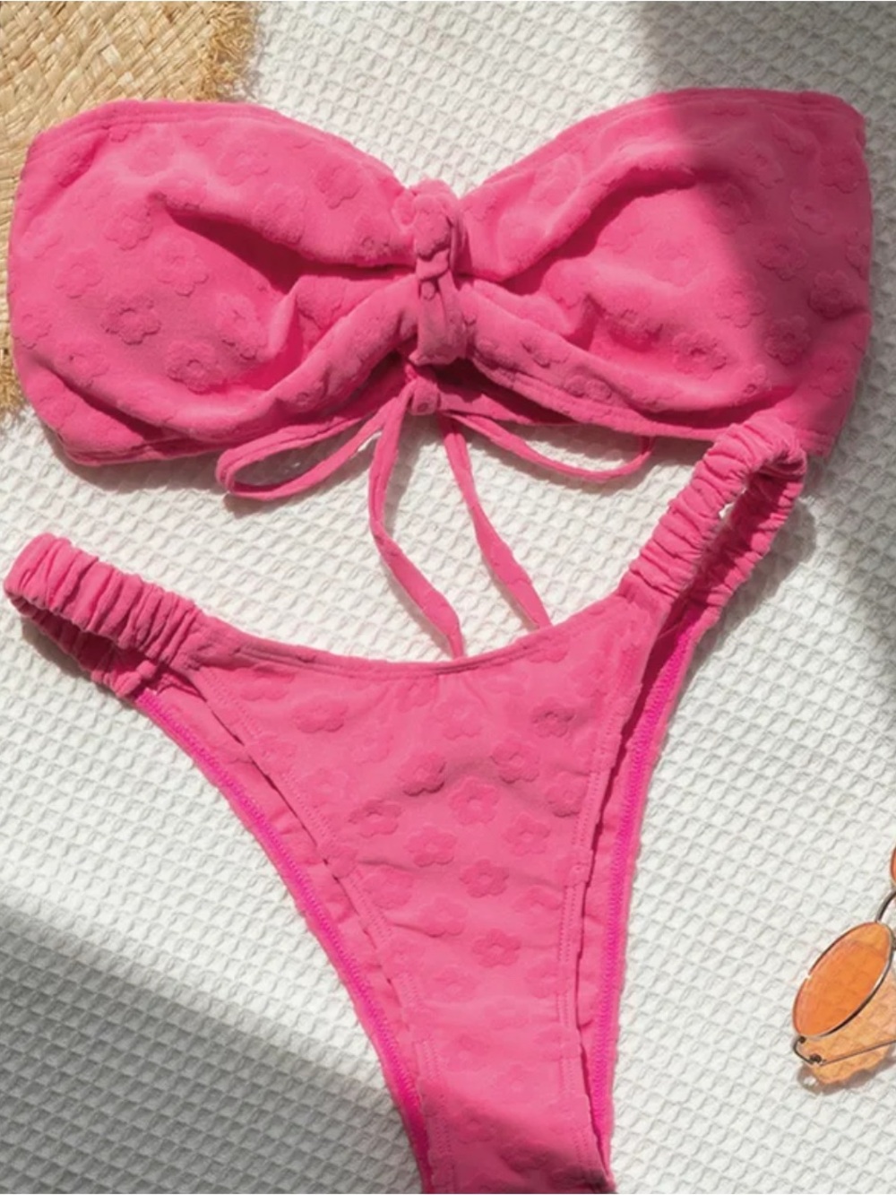 Hot Pink Textured Bandeau Bikini Set